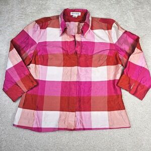 Women's Evelyn & Arthur Retro Silk Plaid Button‎ Down Shirt Pink Red Size Medium